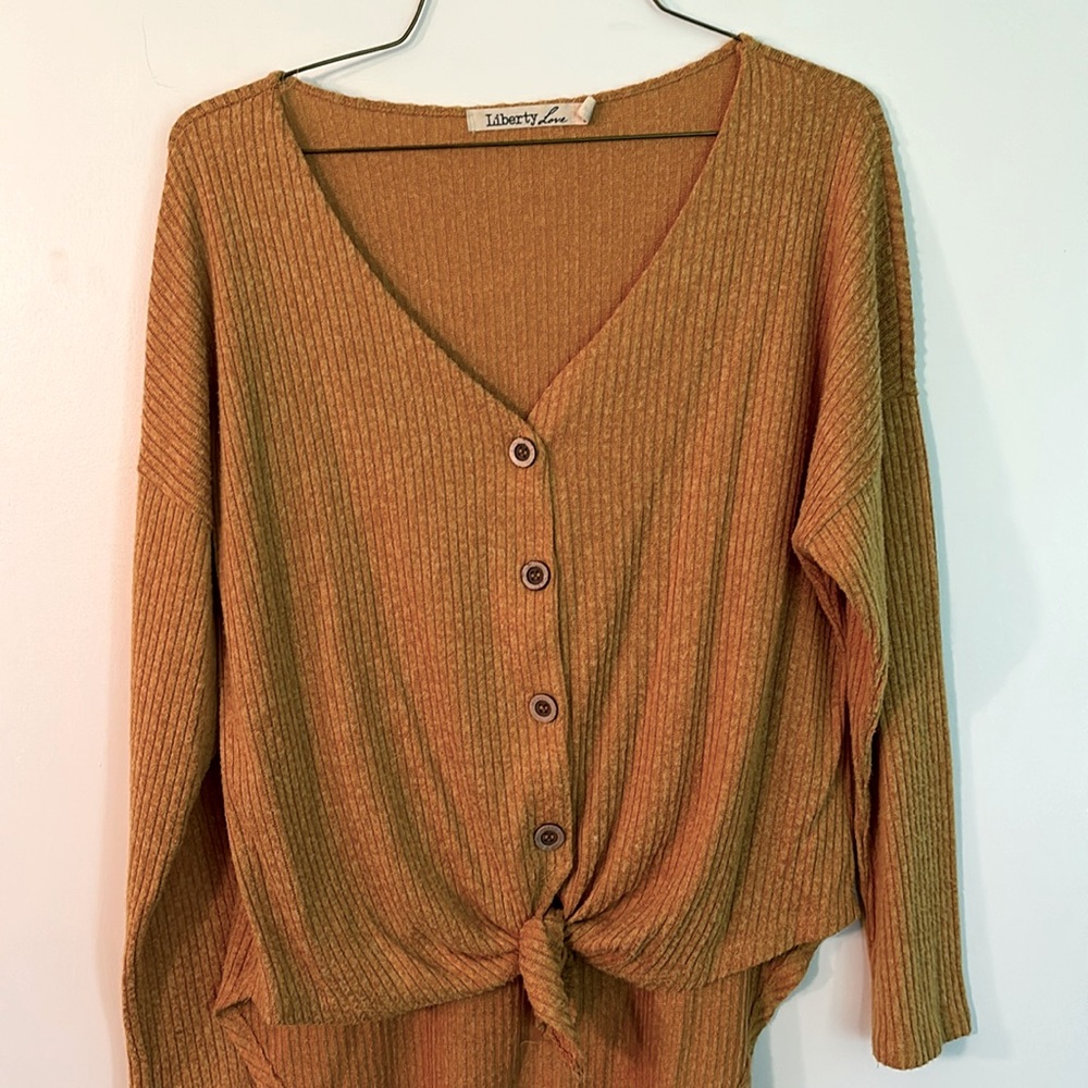 Women’s mustard, yellow sweater with buttons and knot tie